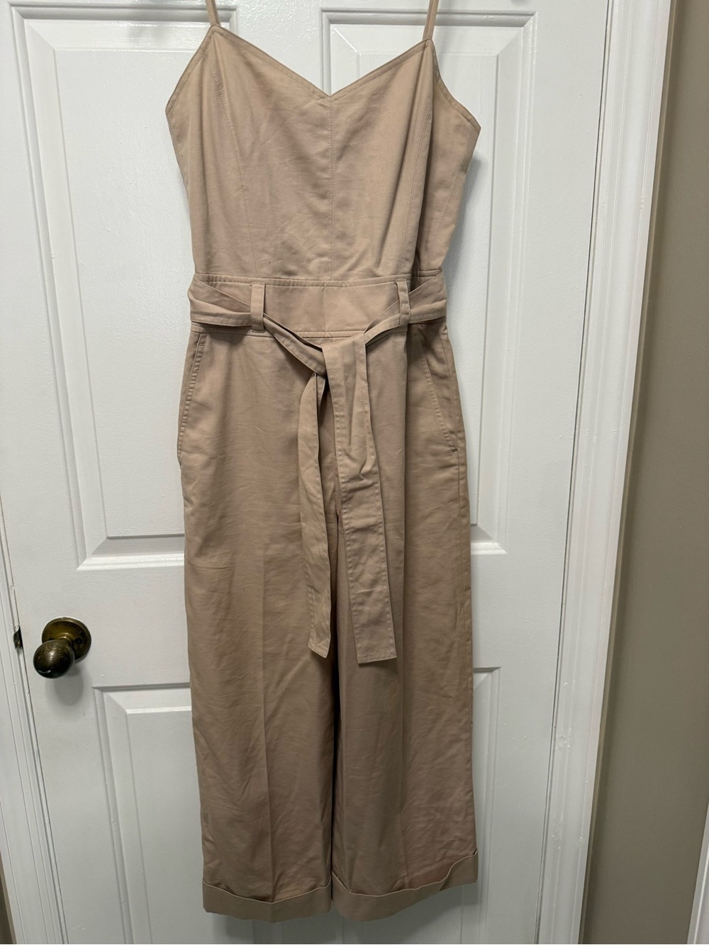 Club Monaco Beige Belted V Neck Jumpsuit Sz 00 Wide Leg Cotton &Wool Preppy Chic